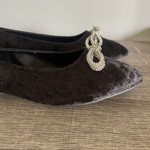 Comfort Women’s Rhinestone Bow Black Faux Velvet Ballet Flats Shoes Size 10W - Picture 5 of 8